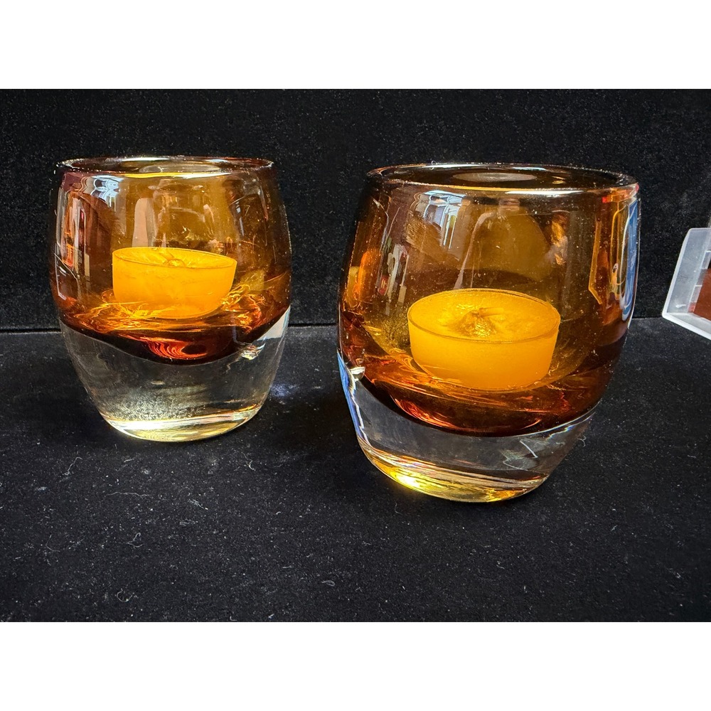 Hand Blown Amber Art Glass Tea Light Candle Holders Weighted Clear Base Set of 2